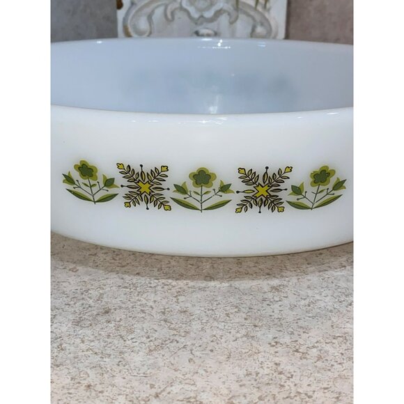 Vintage Fire King Oval Casserole Dish With Green Floral Design 1.5Qt Ovenware - Picture 2 of 4